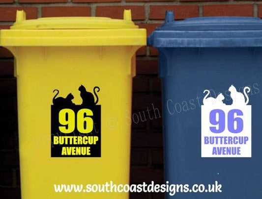 2 x Personalised Cat Lover Bin Stickers With House Number & Road Name