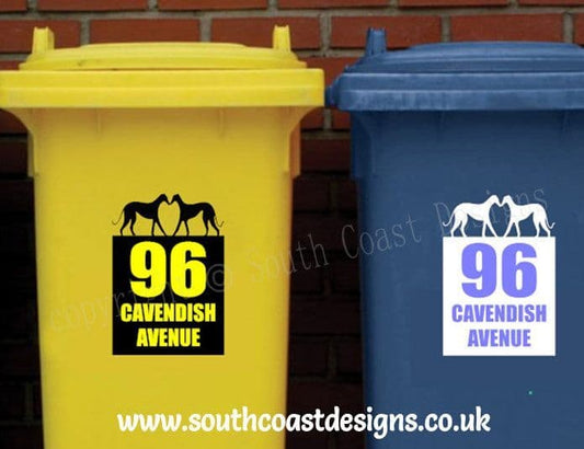 2 x Personalised Lurcher Lover Bin Stickers With House Number & Road Name